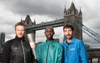 L-R: Rob Young (Marathon Man UK), Wilson Kipsang and Adam Holland encourage UK runners to join the Kenya Peace Torch Relay 2016