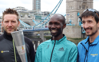 L-R: Rob Young (Marathon Man UK), Wilson Kipsang and Adam Holland encourage UK runners to join the Kenya Peace Torch Relay 2016