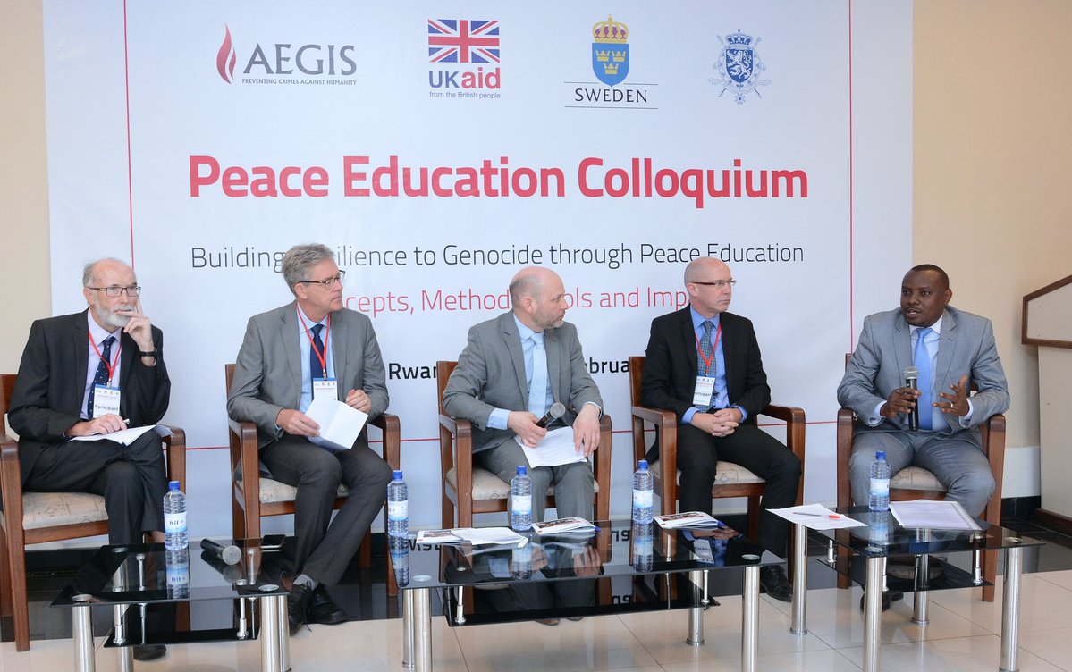 Attending the launch of Aegis’ new programme, ‘Education for Sustainable Peace in Rwanda’, left to right: Johan Debar, Chargé d’Affaires of the Belgian Embassy to Rwanda; Mikael Boström, Head of Development Cooperation, Swedish Embassy to Rwanda; Dr James Smith, CEO, Aegis Trust; Kenny Osborne, Deputy Head of DFID Rwanda; Isaac Munyakazi, Rwanda’s State Minister for Primary and Secondary Education. Kigali Genocide Memorial, Monday 20 February 2017