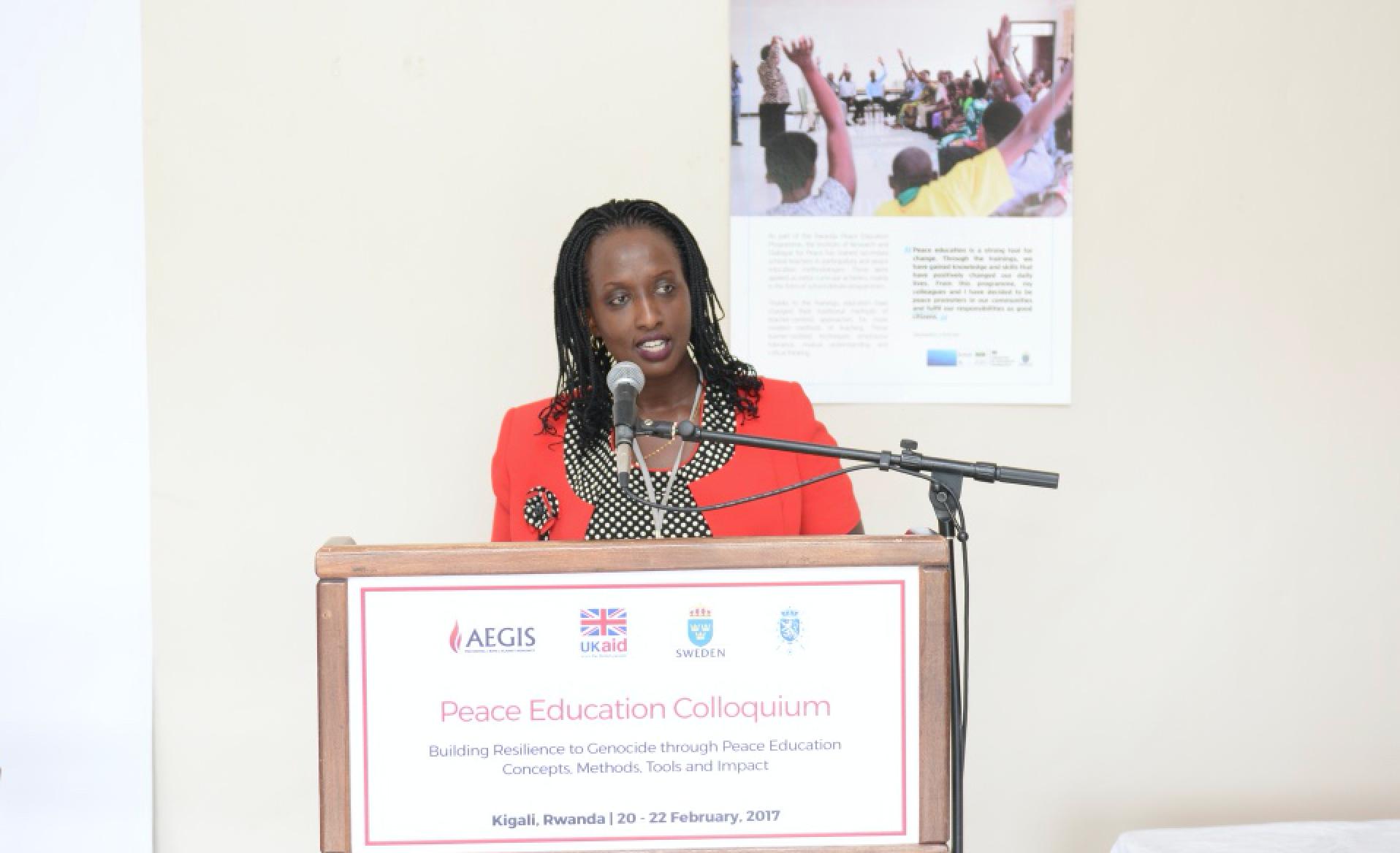 Aegis Programmes Director Anita Kayirangwa addresses the Aegis Peace Education Colloquium, Kigali Genocide Memorial, 20 Feb 2017