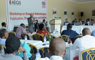 Aegis CEO Dr James Smith addresses the Aegis Trust's capacity-building workshop for Rwandan researchers