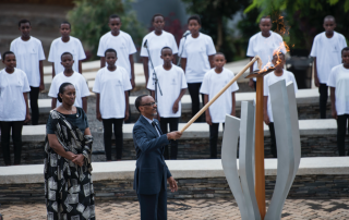 Rwanda's President Paul Kagame lights the flame of remembrance at the Kigali Genocide Memorial, 7 April 2018