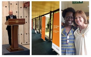 Left to right: Aegis Chief Executive Dr James Smith, Esther Mujawayo-Keiner and Ambassador Beatriz Londoño Soto at the launch of ‘Education for Peace: Preventing Genocide at its roots’, Palais des Nations, Geneva 24 September 2018