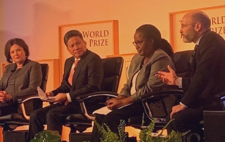 Dr James Smith (right) speaking at the Borlaug Dialogue in Iowa, October 2019 with Ms Heidi Kuhn, CEO of Roots of Peace; Hon Dr Gerardine Mukeshimana, Minister of Agriculture and Animal Resources, Rwanda; and Hon Chanthol Sun, Minister of Public Works and Transportation, Cambodia.