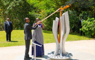 Kwibuka 26: Rwanda's President Paul Kagame lights the flame of remembrance at the Kigali Genocide Memorial, accompanied by First Lady Jeannette Kagame. 7th April 2020.