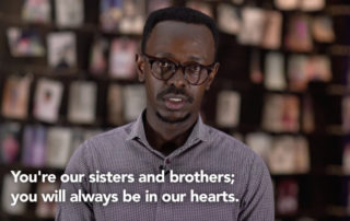 Rwandan survivors record 25th anniversary message for survivors of the Srebrenica Genocide at the Kigali Genocide Memorial.