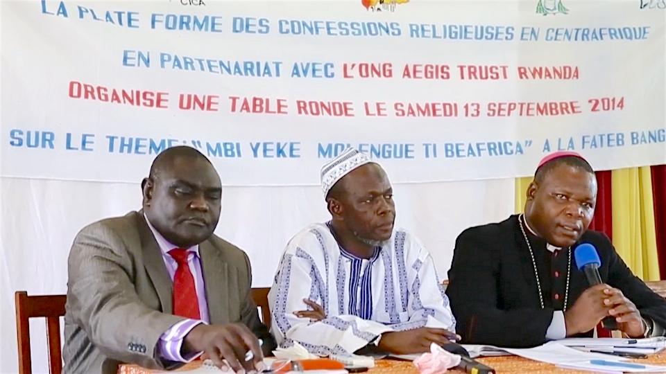 Imam Omar Kobine Layama (centre) shares a platform with Cardinal Dieudonné Nzapalainga (right) and Pastor Nicolas Guérékoyame-Gbangou at a PCRC event in Bangui, September 2014.
