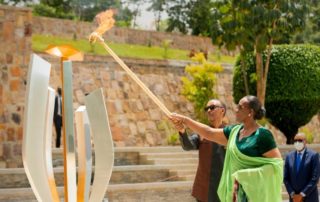 President Paul Kagame and First Lady Jeannette Kagame light the flame of remembrance at the Kigali Genocide Memorial on April 7th 2022, marking the start of Kwibuka28, the 28th commemoration of the 1994 Genocide against the Tutsi. Image: Aegis Trust