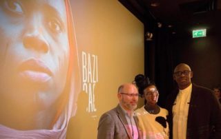 L-R Aegis CEO Dr James Smith with filmmaker Jo Ingabire and High Commissioner HE Johnston Busingye at the London premiere of BAFTA-nominated short BAZIGAGA, 10 February 2023