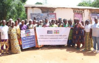 Some of the people who took part in the Aegis Trusts spring 2023 Peace Education workshop in Bimbo commune, Bangui, Central African Republic