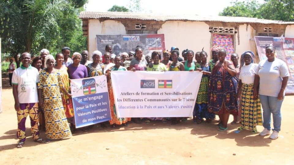 Some of the people who took part in the Aegis Trusts spring 2023 Peace Education workshop in Bimbo commune, Bangui, Central African Republic