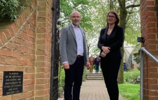 Incoming Aegis Chair Jenny Ohlsson with Aegis CEO and founder James Smith at the UK National Holocaust Centre's Gateway of the Righteous - opened by the Swedish Ambassador to the UK in September 2001