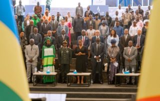 Senegalese and Rwandan dignitaries are joined by survivors who owe their lives to Captain Mbaye Diagne to mark the second Mbaye Diagne Day at the Kigali Genocide Memorial, 31 May 2023