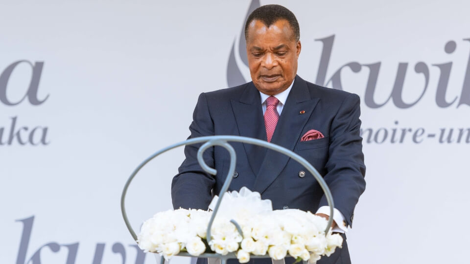 President Denis Sassou Nguesso of the Republic of the Congo lays a wreath at the Kigali Genocide Memorial