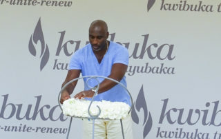 Arsenal and England football star Sol Campbell lays a wreath at the Kigali Genocide Memorial, 30 August 2023