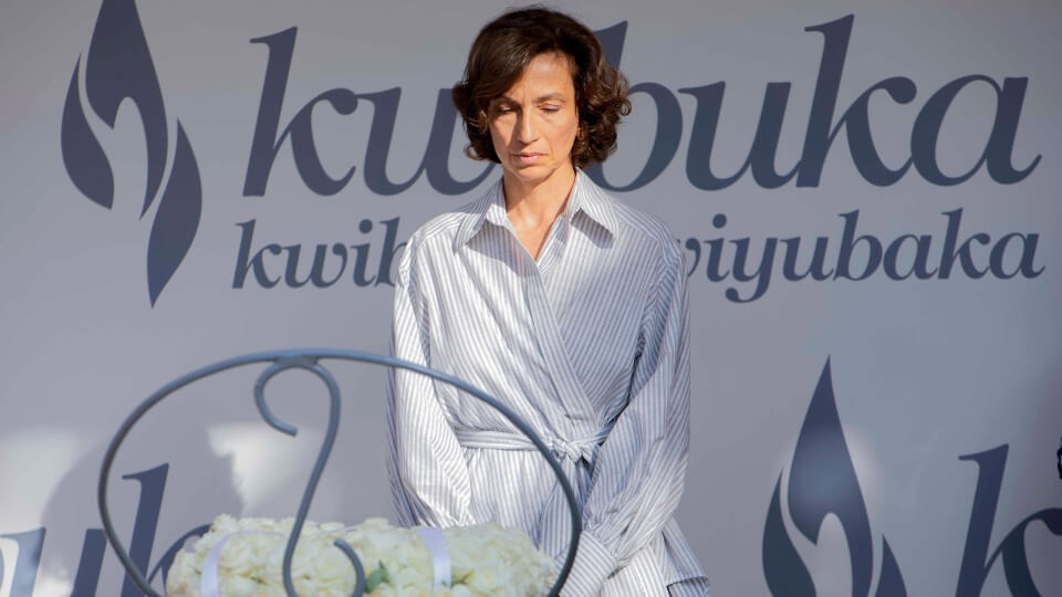UNESCO Secretary General Audrey Azoulay lays a wreath at the Kigali Genocide Memorial 5th September 2023
